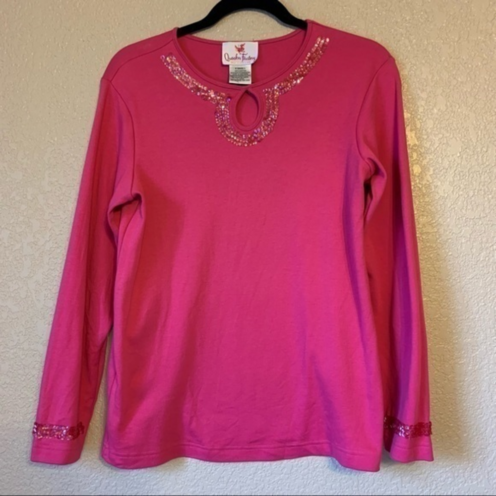 Quacker Factory QVC Embellished Barbiecore Pink‎ Blouse Top Size XS